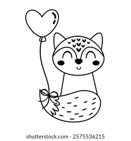 Black and white Valentine animal clipart. Cute fox clipart. Valentines day clipart in cartoon flat style. Hand draw vector illustration