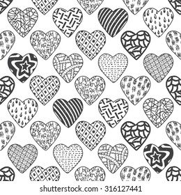 Black and white Valentine background. Hearts Seamless pattern. Happy Valentine's day. Hand drawn doodles Vector illustration. 