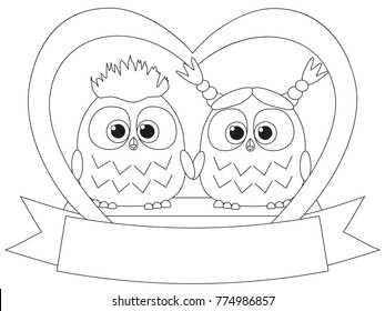 Black and white valentine day poster with an owl couple. Coloring book page for adults and kids. Valentine day romantic themed vector illustration for gift card, flyer, certificate or banner
