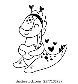 Black and white Valentine dinosaur clipart. Valentines day clipart. Valentine dino doodle in cartoon flat style. Hand Draw Vector illustration.