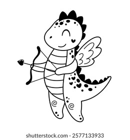 Black and white Valentine dinosaur clipart. Valentines day clipart. Valentine dino doodle in cartoon flat style. Hand Draw Vector illustration.