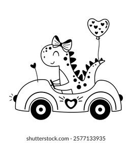 Black and white Valentine dinosaur clipart. Valentines day clipart. Valentine dino doodle in cartoon flat style. Hand Draw Vector illustration.