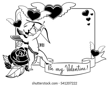 Black and white Valentine frame with cupid and hearts. Copy space. Vector clip art.