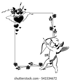 Black and white Valentine frame with cupid and hearts. Copy space. Vector clip art.