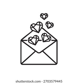 Black and White Valentine Vector Envelope with Faceted Heart Icons Love Letter Outline Illustration for Greeting Cards and Social Media