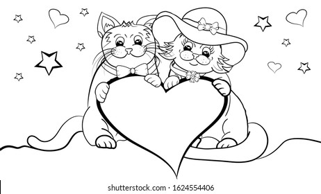 Black and White Valentines Day Cartoon Cats. Vector Illustration of Funny Cats Couple in Love with heart for Coloring Book