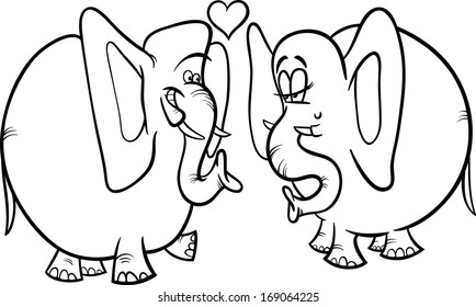 Black and White Valentines Day Cartoon Vector Illustration of Funny Elephants Couple in Love for Coloring Book