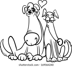 Black And White Valentines Day Cartoon Vector Illustration Of Funny Dogs Couple In Love For Coloring Book