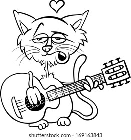 Black and White Valentines Day Cartoon Vector Illustration of Funny Cat in Love Playing the Guitar and Singing for Coloring Book