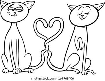 Black and White Valentines Day Cartoon Vector Illustration of Funny Cats Couple in Love for Coloring Book