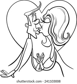 Black and White Valentines Day Cartoon Vector Illustration of Funny Kissing Couple in Love for Coloring Book