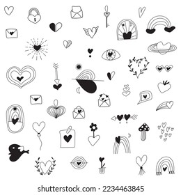 Elementos de día de San Valentín blancos y negros adorables conjunto. Diferentes corazones, arcoíris, pájaro, sobre, cerradura, fondo de llave.