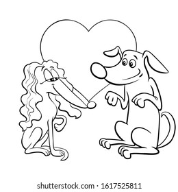 Black and White Valentines Day Greeting Card Cartoon Illustration with Dog Characters in Love Coloring Book Page