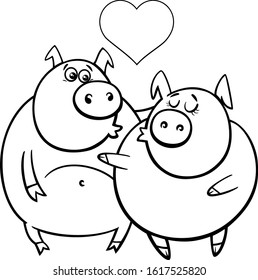 Black and White Valentines Day Greeting Card Cartoon Illustration with Pig Characters in Love Coloring Book Page