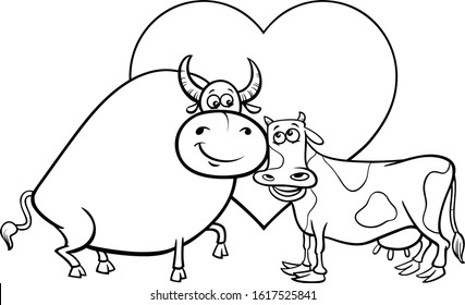 Black and White Valentines Day Greeting Card Cartoon Illustration with Cow and Bull Characters in Love Coloring Book Page