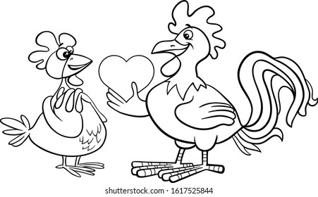 Black and White Valentines Day Greeting Card Cartoon Illustration with Hen and Rooster Characters in Love Coloring Book Page