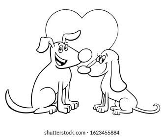 Black and White Valentines Day Greeting Card Cartoon Illustration with Happy Dog Characters in Love Coloring Book Page