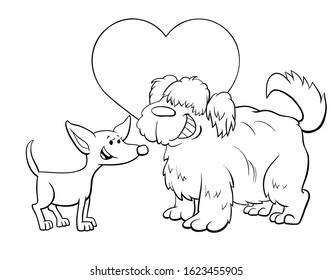 Black and White Valentines Day Greeting Card Cartoon Illustration with Funny Dog Characters in Love Coloring Book Page