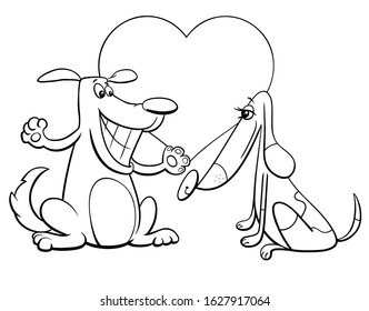 Black and White Valentines Day Greeting Card Cartoon Illustration with Funny Dog Couple Characters in Love Coloring Book Page