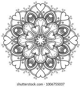 Black and white Valentine's Day mandala made of lines and hearts ready for coloring.