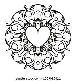 Black and white Valentine's Day simple mandala made of lines - white background.