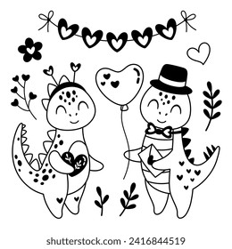 Black and white Valentines dinosaurs clipart. Valentines day clipart. Valentine dino in cartoon flat style. Dinosaur doodle. Vector illustration.