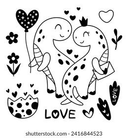 Black and white Valentines dinosaurs clipart. Valentines day clipart. Valentine dino in cartoon flat style. Dinosaur doodle. Vector illustration.