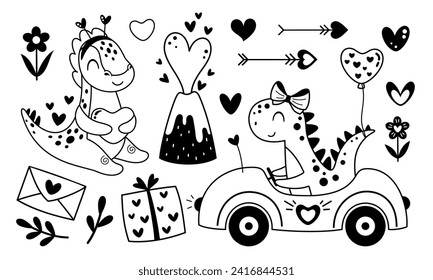 Black and white Valentines dinosaurs clipart. Valentines day clipart. Valentine dino in cartoon flat style. Dinosaur doodle. Vector illustration.