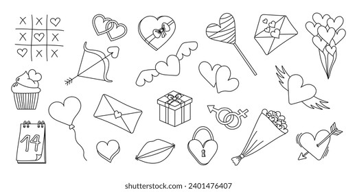 Black and white Valentines stickers for Valentine's Day. Hand drawn set of valentines. Vector illustration