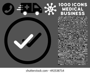 Black And White Validation vector bicolor rounded icon. Image style is a flat icon symbol inside a circle, gray background. Bonus clipart includes 1000 health care business design elements.