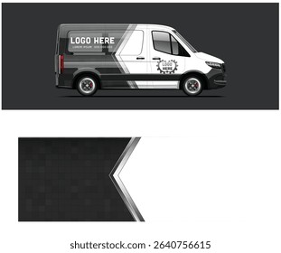 Black and white van mockup with customizable logo space and geometric design. Ideal for branding and advertising.
