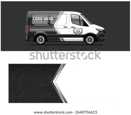 Black and white van mockup with customizable logo space and geometric design. Ideal for branding and advertising.