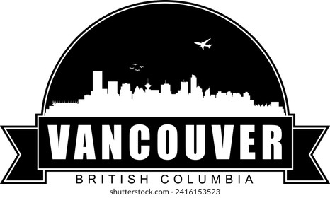 Black and white Vancouver British Columbia city buildings skyline negative air space silhouette dome shaped emblem with scroll banner below and name text inside. Vector eps graphic design.