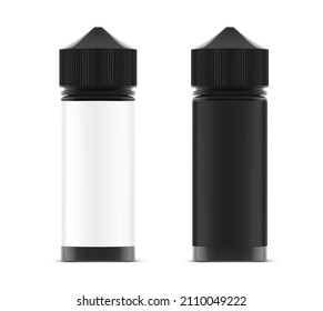 Black and white vape bottle mockup isolated on white background. Vector illustration. Can be used to present cigarette liquid, medical and other needs. EPS10.	