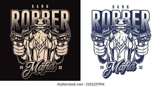 Black and white variants of mafia logotype bank robber monkey in old-fashioned hat and scarf on mouth, vector illustration