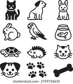 Black and white of various animals and insects including cat dog bird bee ladybug and fish