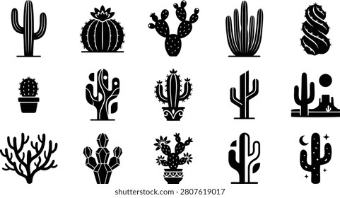 Black and white of various cactus plants and succulents desert thorn