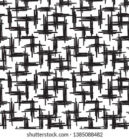 Black and white various chaotic crossing scrawl, scratch, hatch, scribble seamless repeat vector pattern. Uneven vertical and horizontal pen, marker strokes texture. Hand drawn intricate background. 