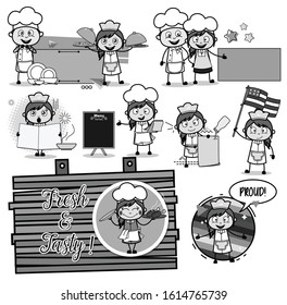 Black and White Various Comic Waitress Character - Concepts Vector illustrations