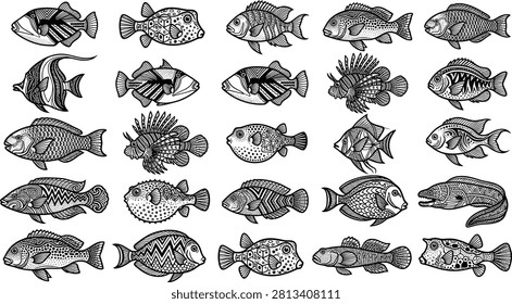 Black and white of various fish species, isolated on white background ichthyology