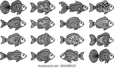 Black and white of various fish species in schools ichthyology