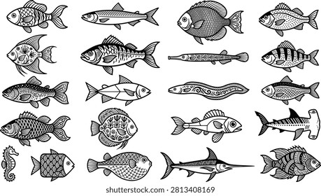 Black and white of various fish species, ichthyology study marine aquatic