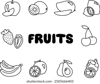 black and white various fruit outline vector icon set