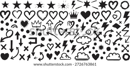 Black and white of various hand drawn symbols and including hearts stars lightning bolts arrows and clouds on white background