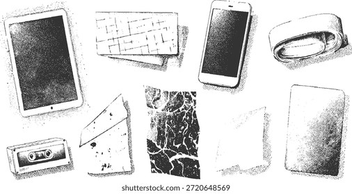 Blanco y negro de varios incluyendo un teléfono de la tableta y el smartphone de la cinta de casete
