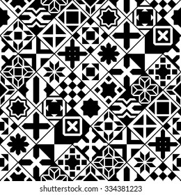 Black and white various moroccan tiles seamless pattern, vector