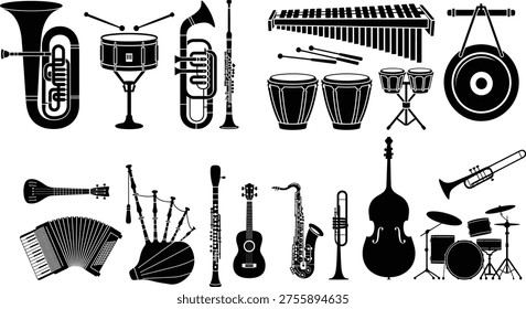 Black and white of various musical instruments tuba drum French horn