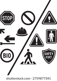 Black and white of various safety and traffic including stop sign biohazard symbol pedestrian crossing hand sanitizer first aid traffic light and warning signs arranged in a scattered composition.....