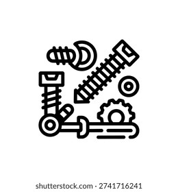 Black and white of various screws and tools bolt wrench