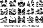 Black and white of various tropical birds perched on palm branches parrot toucan